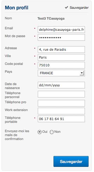 MonProfil Réservation yoga